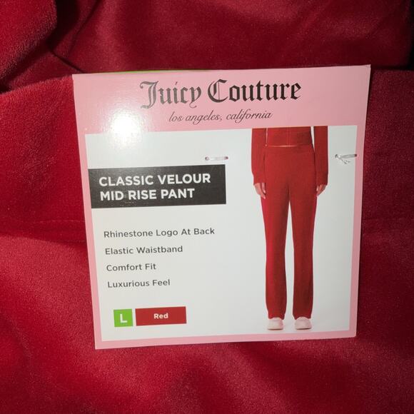 NWT Juicy Couture Velour Track Pants Red Large Rhinestone Logo Mid Rise - Picture 4 of 10